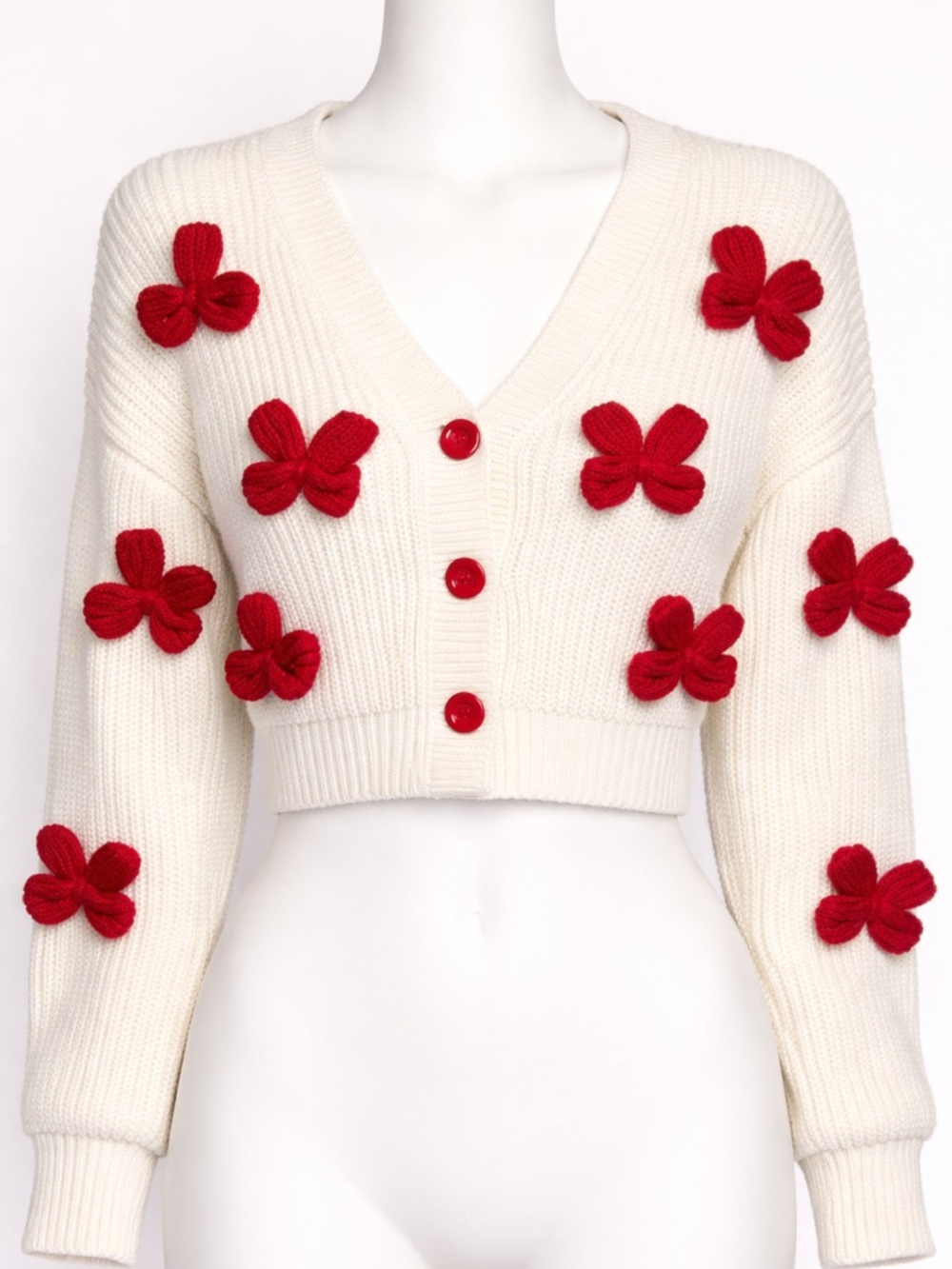 Cropped Cream V-Neck Sweater with Red Floral Appliqués